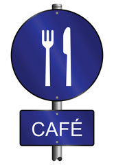 Cafe graphic and text sign mounted on post