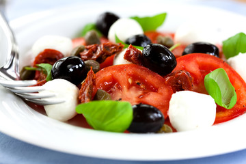 Salad with mozzarella,fresh and dry tomatoes