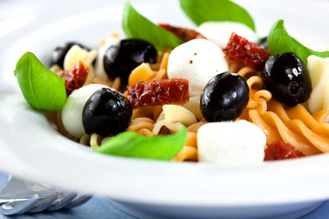 Pasta salad with mozzarella,dried tomatoes and olives