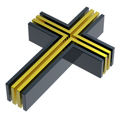 Black with gold Christian cross isolated on white.