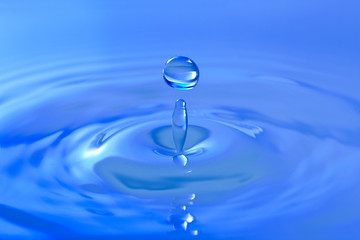 Fototapeta na wymiar Blue droplet splashing in clear clean water