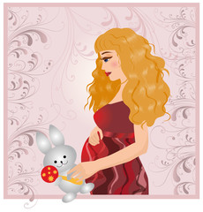 The pregnant woman with a plush hare. vector.