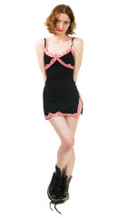 Attractive lady with smudged makeup and plaster on a cheek