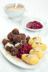 Swedish Kottbullar meatball with brunsas sauce, boiled potatoes