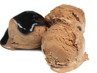Chocolate ice cream scoops on white background