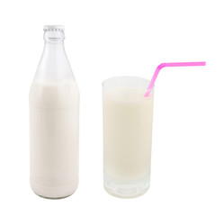 Bottle and glass of milk with pink straw isolated on white