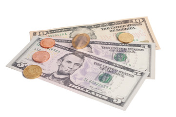 Money dollars and coin euro isolated on a white background.