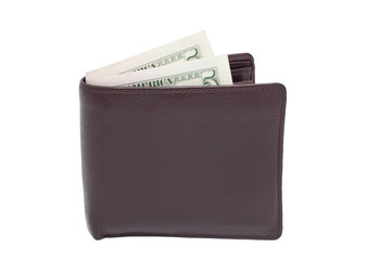 Purse with money isolated on a white background.