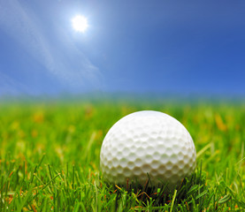 A golf ball on a green grass and a blue sky