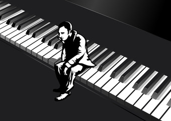 Mann auf dem Klavier, schwarz-weiße Illustration - obrazy, fototapety, plakaty