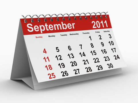 2011 year calendar. September. Isolated 3D image