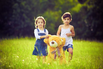 Two little girls in the grass with teddy bear