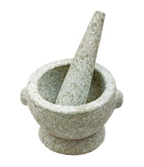 Close-up stone mortar and pestle isolated on white