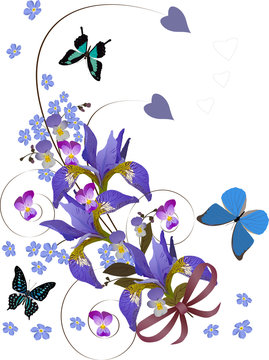 three butterflies and iris floral curl