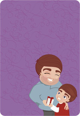 father and son with gift