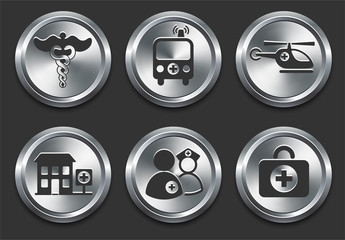 Health Hospital Icons on Metal Internet Button