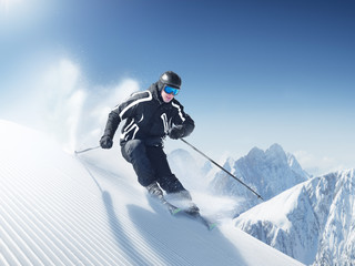 Skier in high mountains - alpen - obrazy, fototapety, plakaty