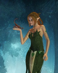 Femme elfe et dragon de compagnie avec fond boisé