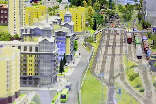 model of railroad station. railroad, trains, buildings and other