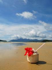 Coconut cocktail on the sandy beach of Langkawi island, Malaysia