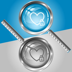 Closed heart. Vector magnifying glass.