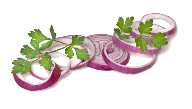 Onion slices  and parsley isolated on white background