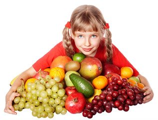 Fototapeta na wymiar Child girl with group of vegetable and fruit. Isolated.