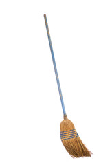 Old straw broom ready to sweep isolated on white background