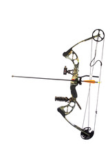 Modern compound bow and arrow isolated on white background