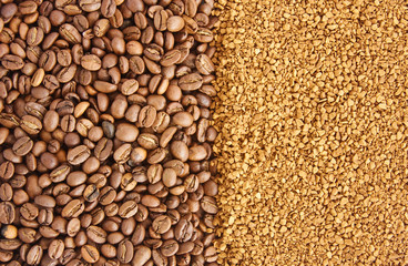 background from coffee grains and soluble coffee