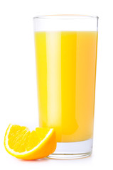 orange juice and slice isolated on white