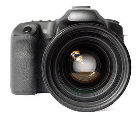 Digital SLR Camera. Front view. Focus on the front lens.