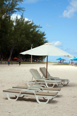 reclining chairs under the shadow of beach umbrella.