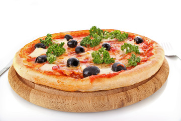 Tasty pizza with olives isolated on white