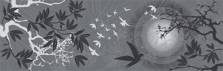 Paysage Asiatique Soleil Couchant avec Arbres et Oiseaux