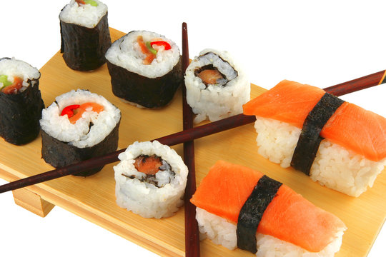 maki and sashimi sushi on plate