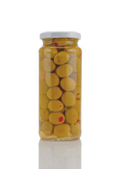 Pickled olives in glass jar