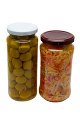 Glass jars with marinated vegetables  isolated on the white back