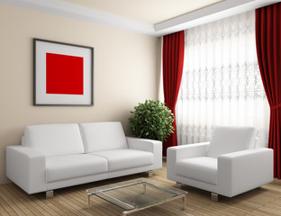 interior with white furniture and red curtain