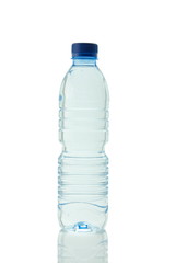 A bottle of mineral water reflected on white background