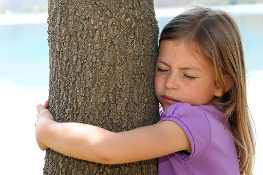 Cute young girl hugging a tree