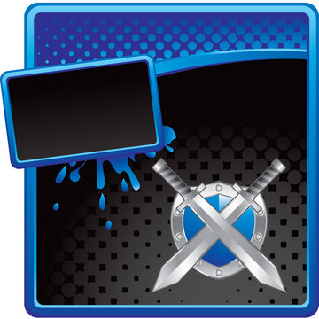 crossed swords and shield blue and black halftone grungy ad