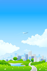 Green landscape with city