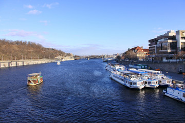 Fototapeta na wymiar Boats on the Prague's River Vltava