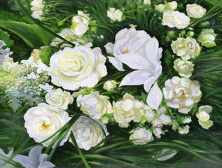 Fototapeta na wymiar White roses on a green background