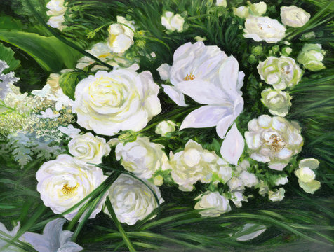 White roses on a green background