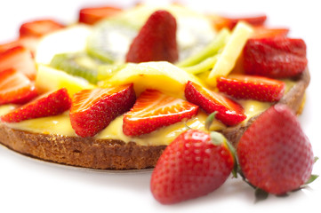 slice fruit cake selective focus on slice strawberries