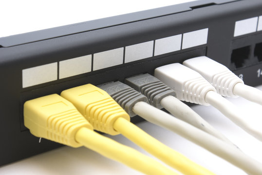 Patch panel with a patch cords on white background
