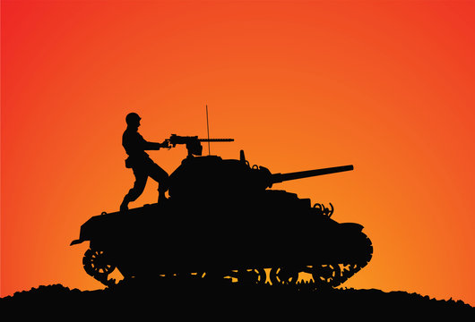 Silhouette of a soldier on the tank