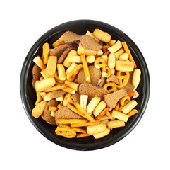 Party mix in black bowl